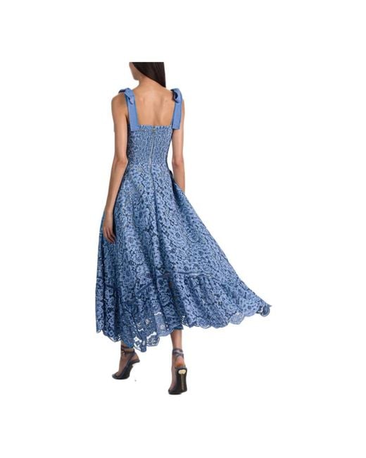 Alice + Olivia Blue Floral Lace Ankle-Length Dress With Corset Bodice And Ribbon Straps