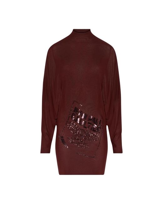 Jean Paul Gaultier Red Burgundy Sequin-Embellished High Neck Dress