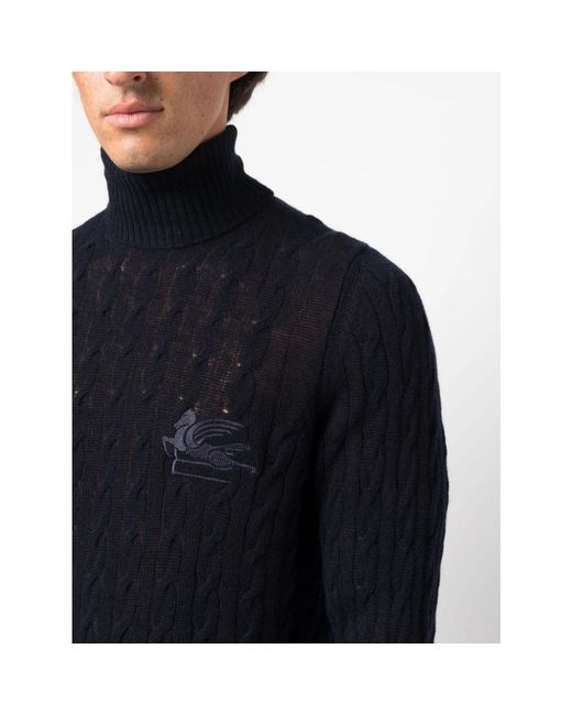 Etro Truien & Vesten ,Blauw ,Kasjmier Donkerblauwe Kabel Gebreide Coltrui in het Black voor heren