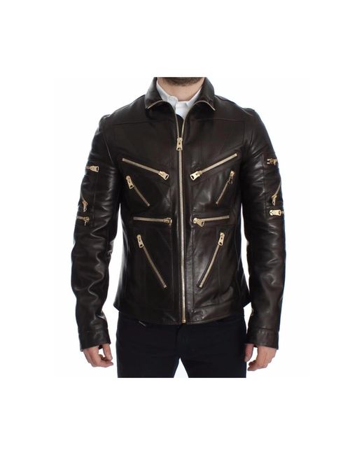 Stupenda giacca in pelle marrone con dettagli in metallo dorato di Dolce & Gabbana in Black da Uomo