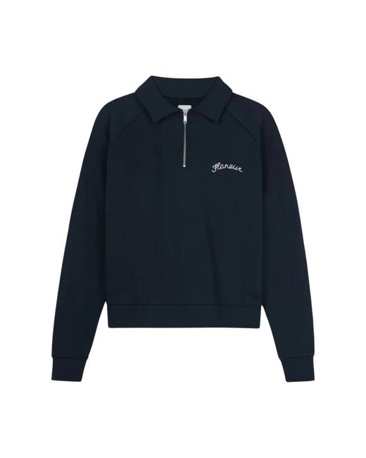 flâneur Hoodies & Sweatvesten ,Blauw ,Katoen Signature Raglan Half Zip in het Blue voor heren