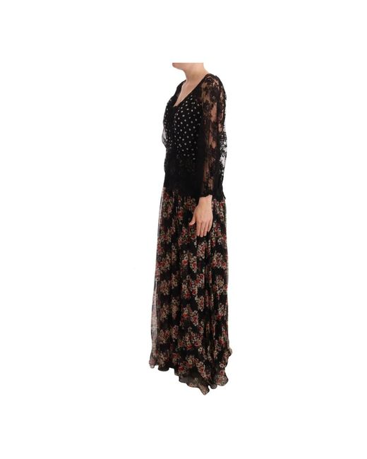Maxi robe capri noire en dentelle à fleurs et à pois Dolce & Gabbana en coloris Black