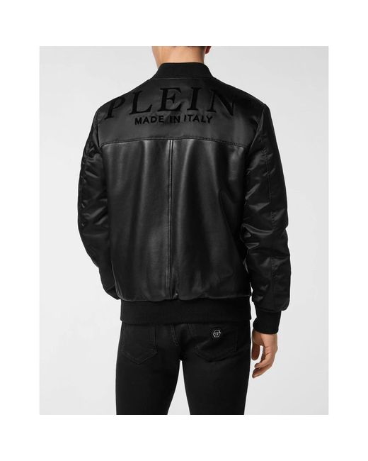 Philipp Plein Leren Bomberjack Met Nylon Mouwen in het Black voor heren