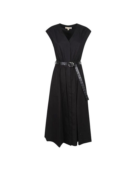 Michael Kors Kleedjes ,Zwart ,Katoen Stretch Katoen Poplin Midi Jurk Met Riem in het Black