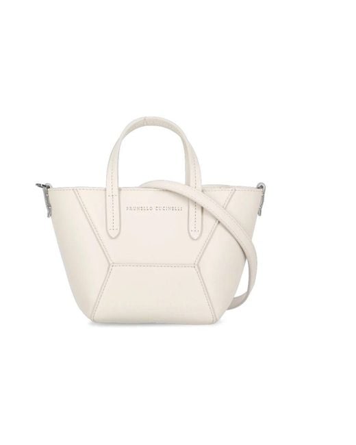 Brunello Cucinelli White Elfenbeinfarbene Lederhandtasche Mit Messingdetails