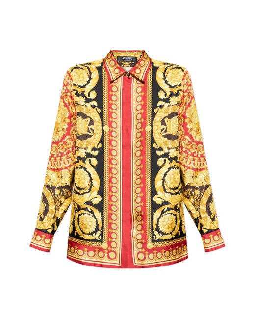 Versace Overhemden ,Veelkleurig ,Tweed Zijden Shirt Met Barocco-Print in het Orange