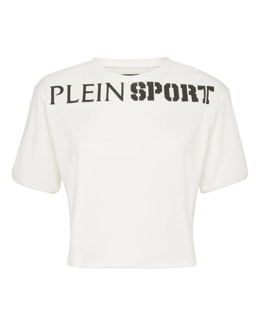 Philipp Plein Fitness ,Wit ,Polyester Cropped T-Shirt Ronde Hals Ss in het White