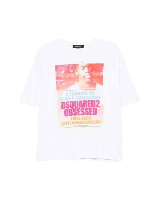 DSquared² Tops ,Wit ,Katoen Wit Grafisch Print Crew Neck T-Shirt in het Pink voor heren