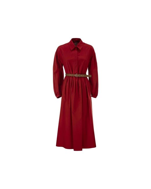 Max Mara Kleedjes ,Rood ,Katoen Ballonmouwen Geplooide Katoenen Midi Jurk in het Red