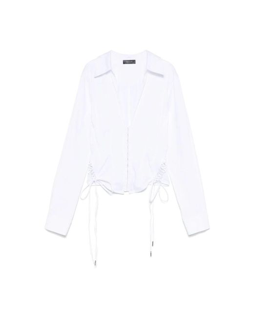 Mugler White Weiße Spitzen V-Ausschnitt Bluse