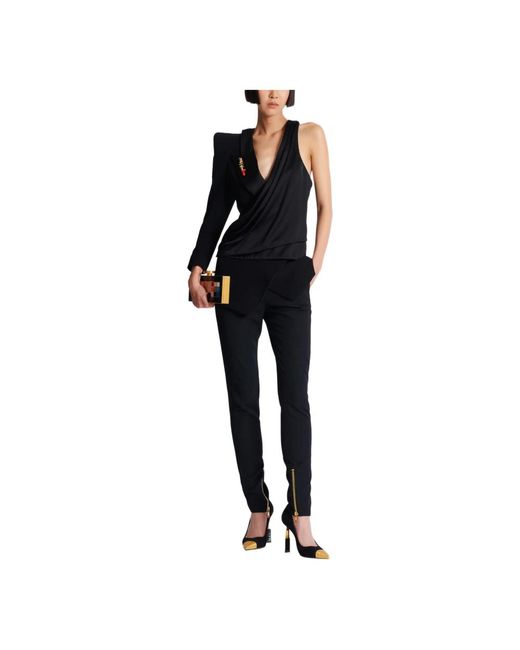 Balmain Overhemden ,Zwart ,Leer Asymmetrische Jurk Met Gestructureerde Schouder in het Black