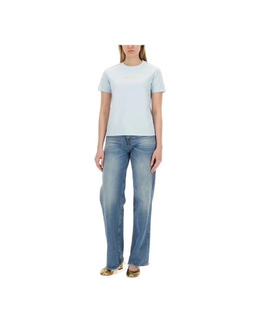Lanvin Tops ,Blauw ,Katoen T-Shirt Van Katoen Met Geborduurd Logo in het Blue