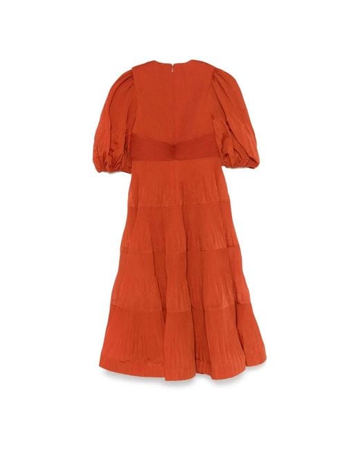 Zimmermann Orange Rotes Plissiertes Midi-Kleid Mit V-Ausschnitt