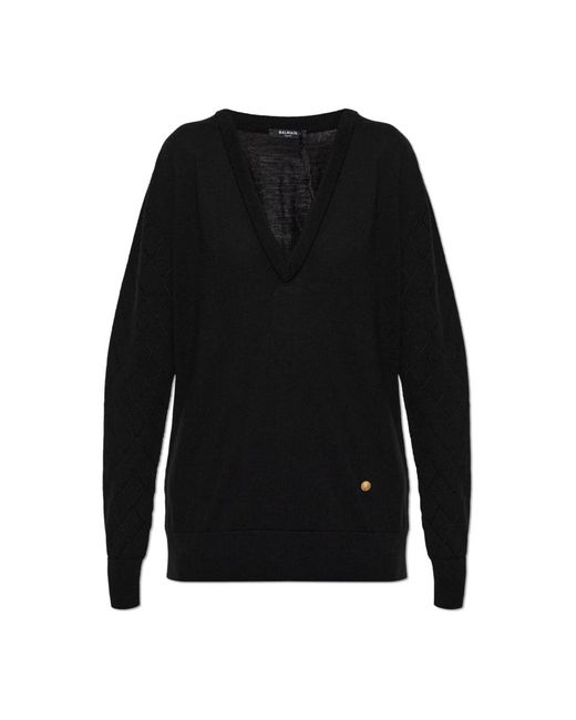 Balmain Black Wollpullover Mit V-Ausschnitt
