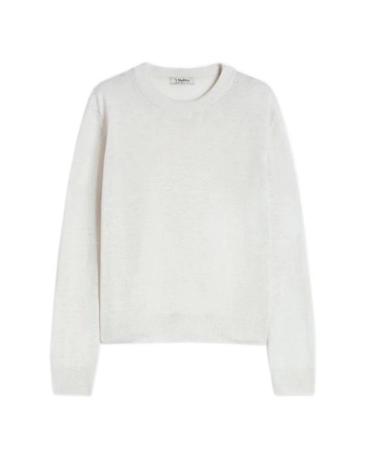 Max Mara White Pullover Aus Leinen-Garn Mit Rundhalsausschnitt