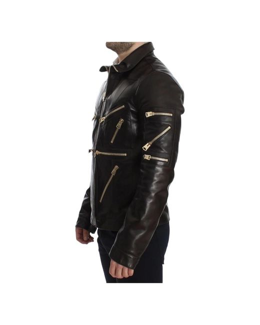 Giacca con cerniera in pelle di agnello marrone di Dolce & Gabbana in Black da Uomo