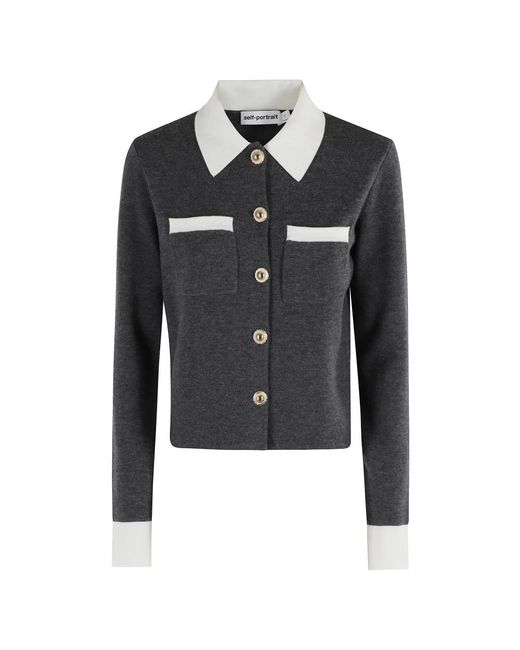 Self-Portrait Truien & Vesten ,Grijs ,Katoen Contrast Kraag Cardigan in het Gray