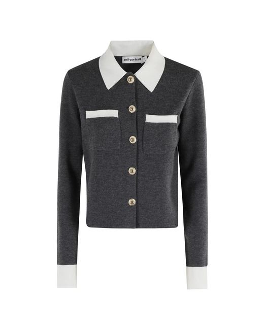Self-Portrait Truien & Vesten ,Grijs ,Katoen Contrast Kraag Cardigan in het Gray