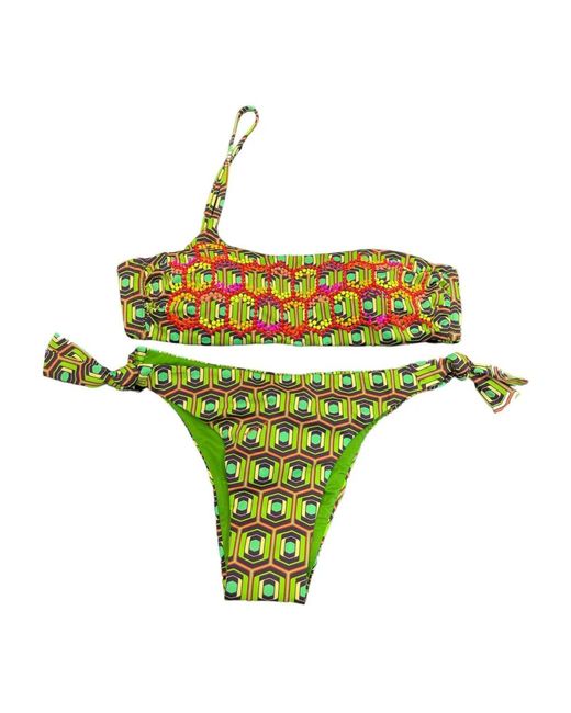 Miss Bikini Badmode ,Veelkleurig ,Geometrische Hexagon Een-Schouder Bikini Top in het Green