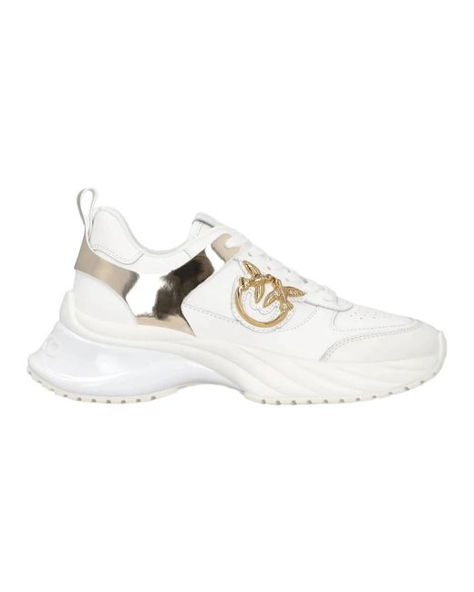 Pinko White Ariel Leather-Effect Sneakers With Mirror Detailing
