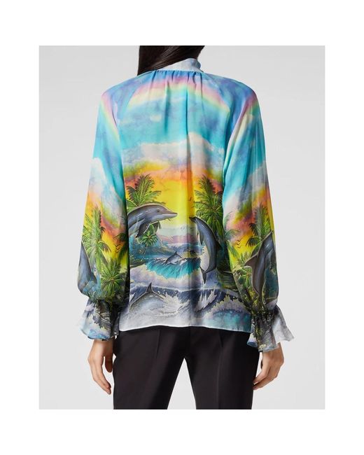 Philipp Plein Overhemden ,Veelkleurig ,Chiffon Silk Chiffon Shirt Hawaii in het Blue