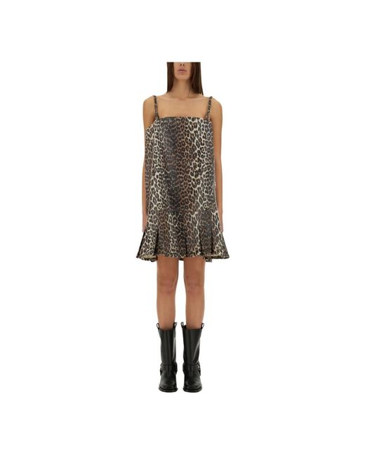 Ganni Brown Foil Print Denim Strap Dress