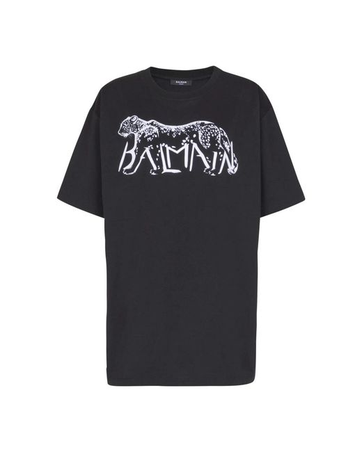 Balmain Tops ,Zwart ,Katoen T-Shirt Met Luipaardprint in het Black