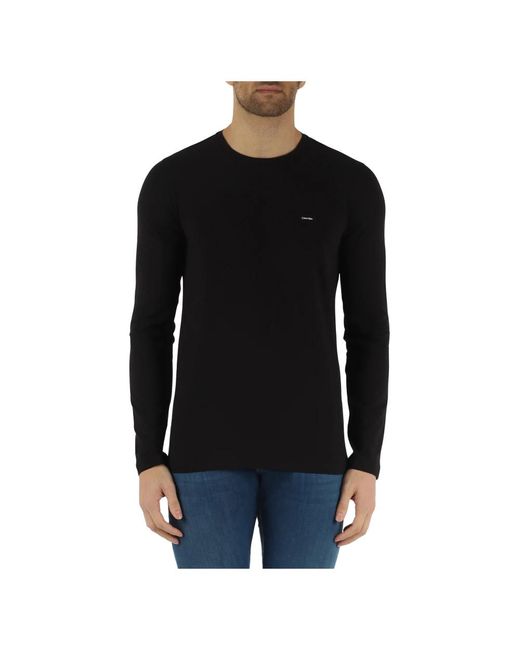 T-shirt slim fit in cotone elasticizzato a maniche lunghe di Calvin Klein in Black da Uomo