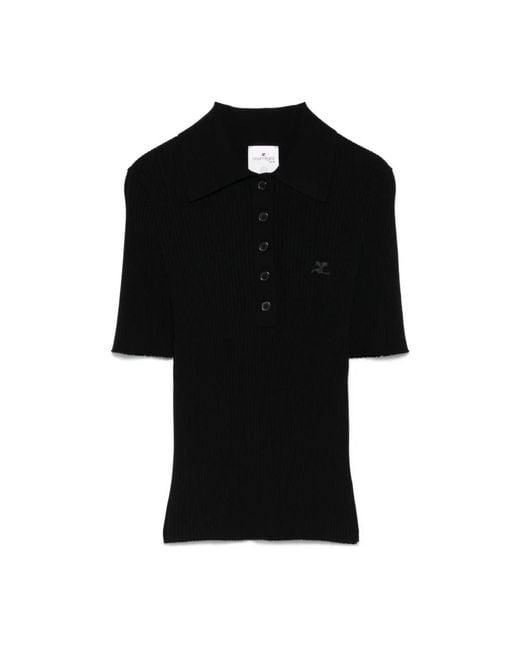 Courreges Tops ,Zwart ,Polyester Iconic Rib Knit Polo in het Black