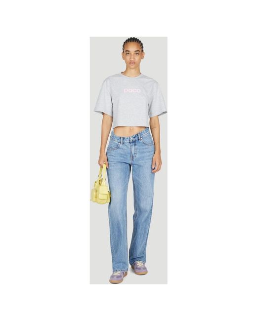 Rabanne Tops ,Grijs ,Katoen Logo Print Cropped T-Shirt in het Blue