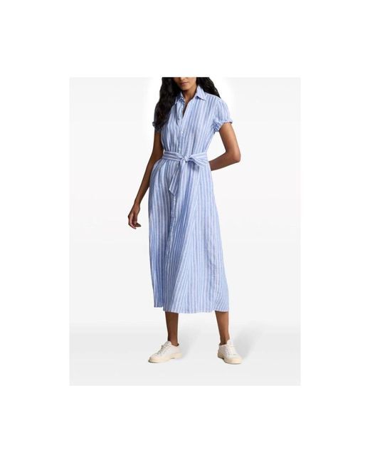 Robe-chemise ceinturée en lin à rayures Ralph Lauren en coloris Blue
