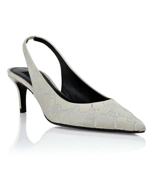 Philipp Plein White Monogram Slingback Pumps
