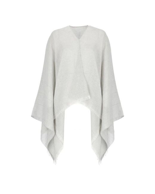 Peserico White Grauer Leinen- Und Baumwollponcho Mit Fransen