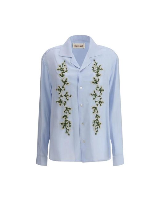 BAZISZT Blue Bestickte blumenbluse mit klassischem kragen