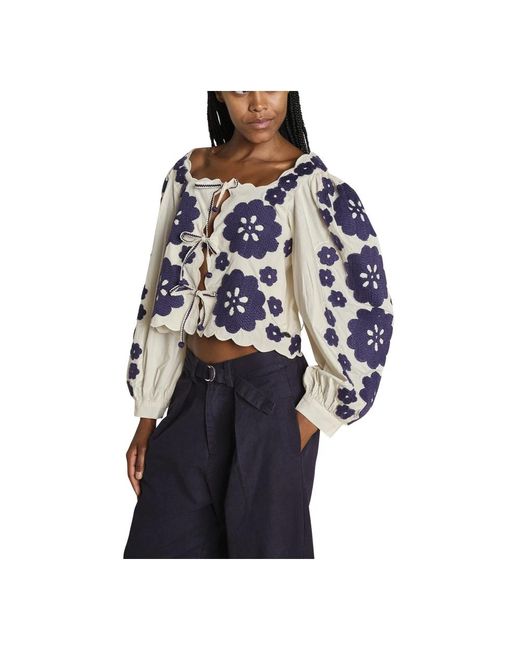 Sea Top Met Lange Mouwen En Grote Bloemen in het Blue