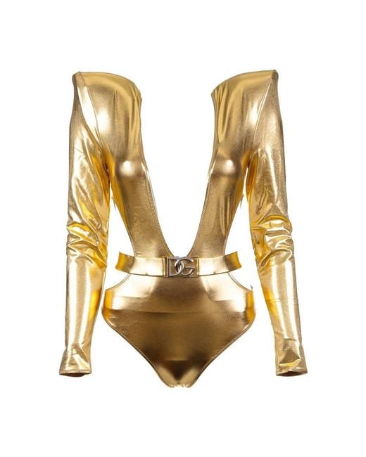Dolce & Gabbana Metallic Damen Plunge Langarm Kostüm