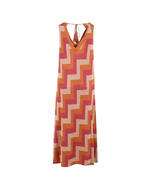Akep Kleedjes ,Veelkleurig ,Zig-Zag Jacquard Lurex Lange Jurk in het Red