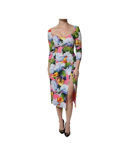 Dolce & Gabbana Blue Blumiges Sheath Midi Kleid Mit Schlitz