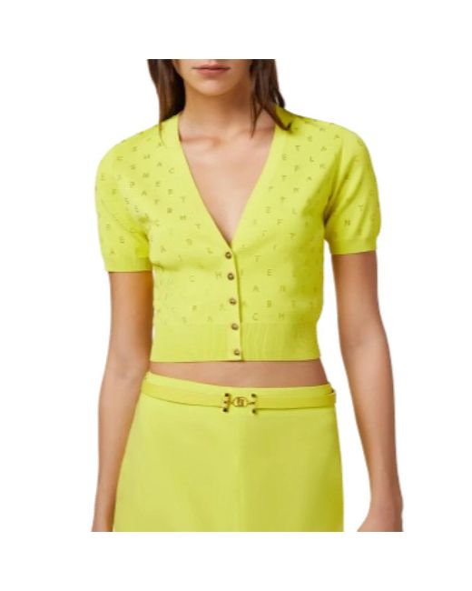 Elisabetta Franchi Truien & Vesten ,Geel ,Gele Cropped Sweater Met Strass Lettering in het Yellow