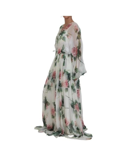 Dolce & Gabbana Gray Weiße blumen seiden maxi kleid mit rosen