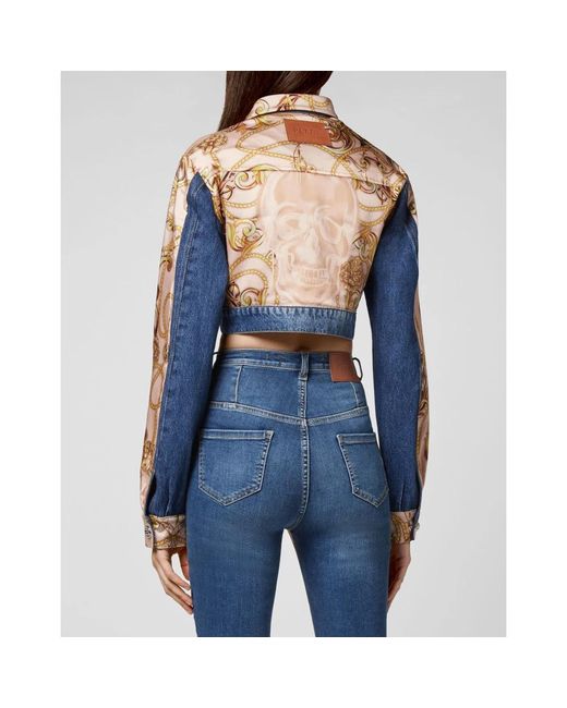 Philipp Plein Jassen ,Blauw ,Denim Denim Cropped Jacket New Baroque in het Blue