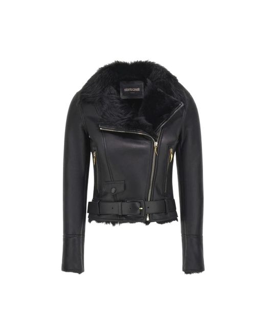 Roberto Cavalli Jassen ,Zwart ,Zwarte Shearling Bikerjas Vrouw in het Black