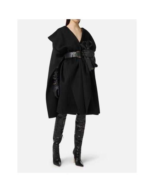 Elisabetta Franchi Black Schwarzer Woll-Oversized-Cape Mit Krokodil-Print-Gürtel