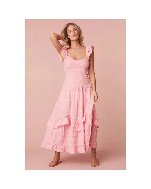 LoveShackFancy Pink Frühlingsbaumwoll-midi-kleid mit rüschen-details