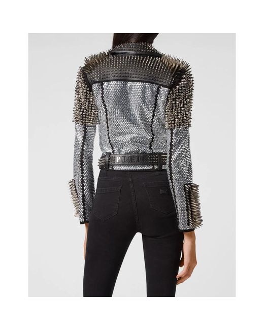 Philipp Plein Jassen ,Zwart ,Leer Leren Bikerjack Met Studs in het Black