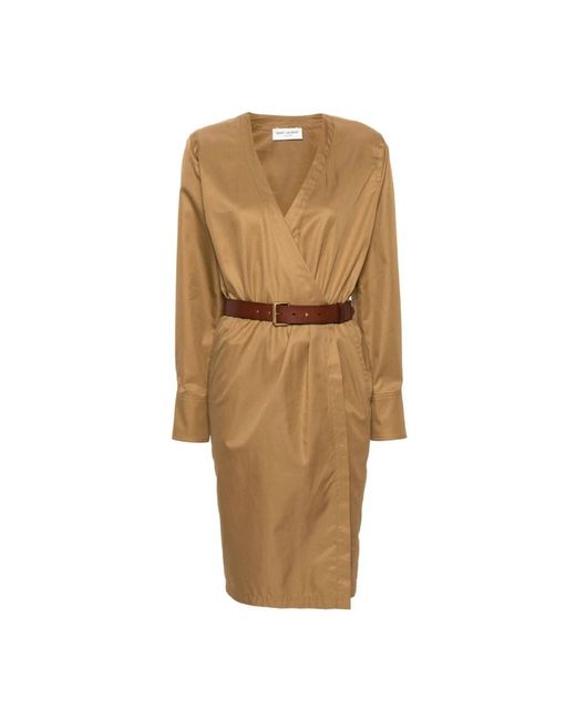 Saint Laurent Kleedjes ,Bruin ,Katoen Camel Katoenen Twill Midi Jurk in het Natural