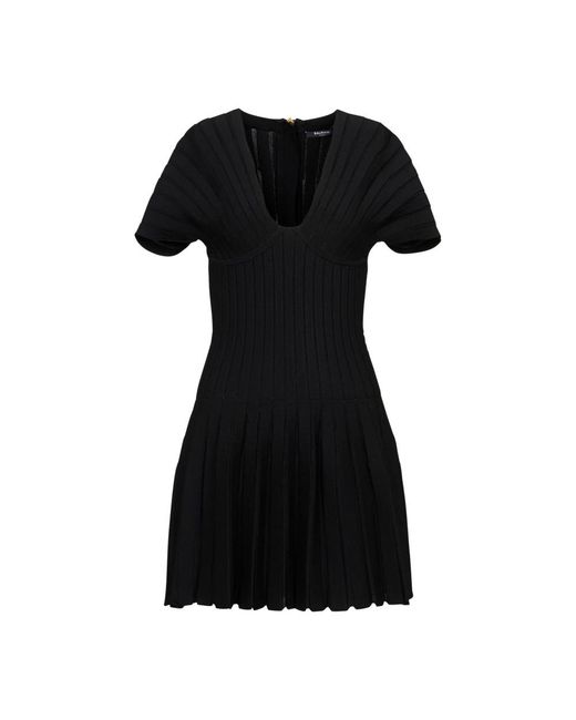 Balmain Black Pleated Knit Dress