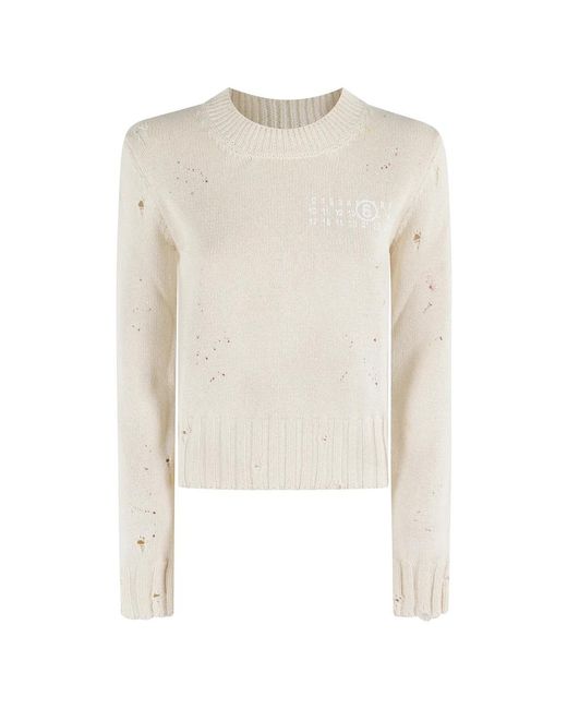 MM6 by Maison Martin Margiela White Ecru Chain Knit Rundhals-Pullover