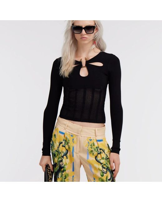 Roberto Cavalli Black Schwarzer Rippstrickpullover Mit Fang-Detail
