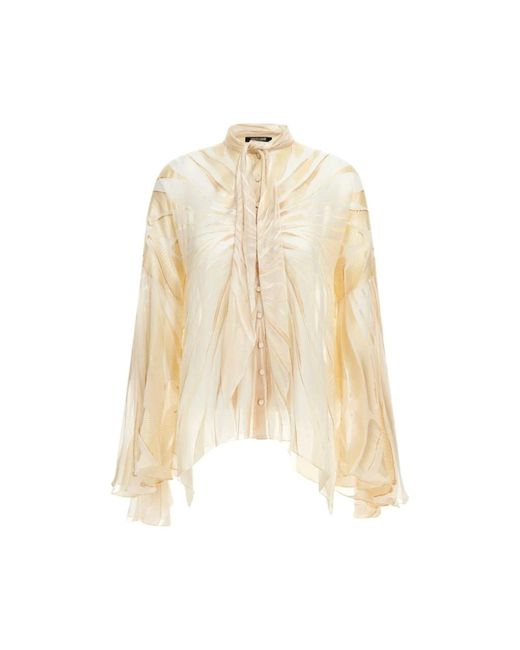 Roberto Cavalli Overhemden ,Satijn Gouden Print Satijnen Blouse Ivoor in het Natural